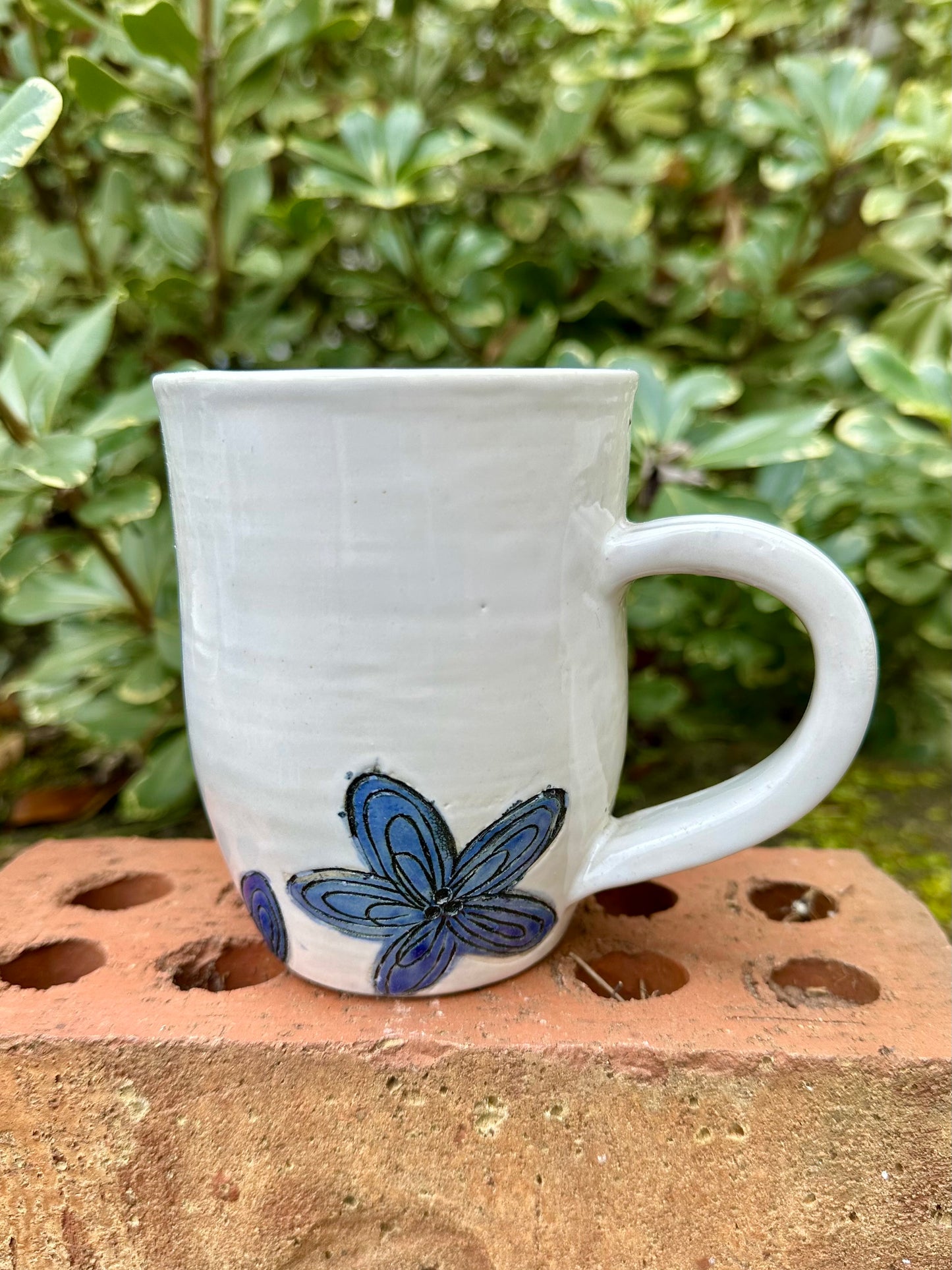*Second* Ceramic Stoneware Carved Blue Flowers Coffee Tea Mug Cup Botanical Floral Pottery