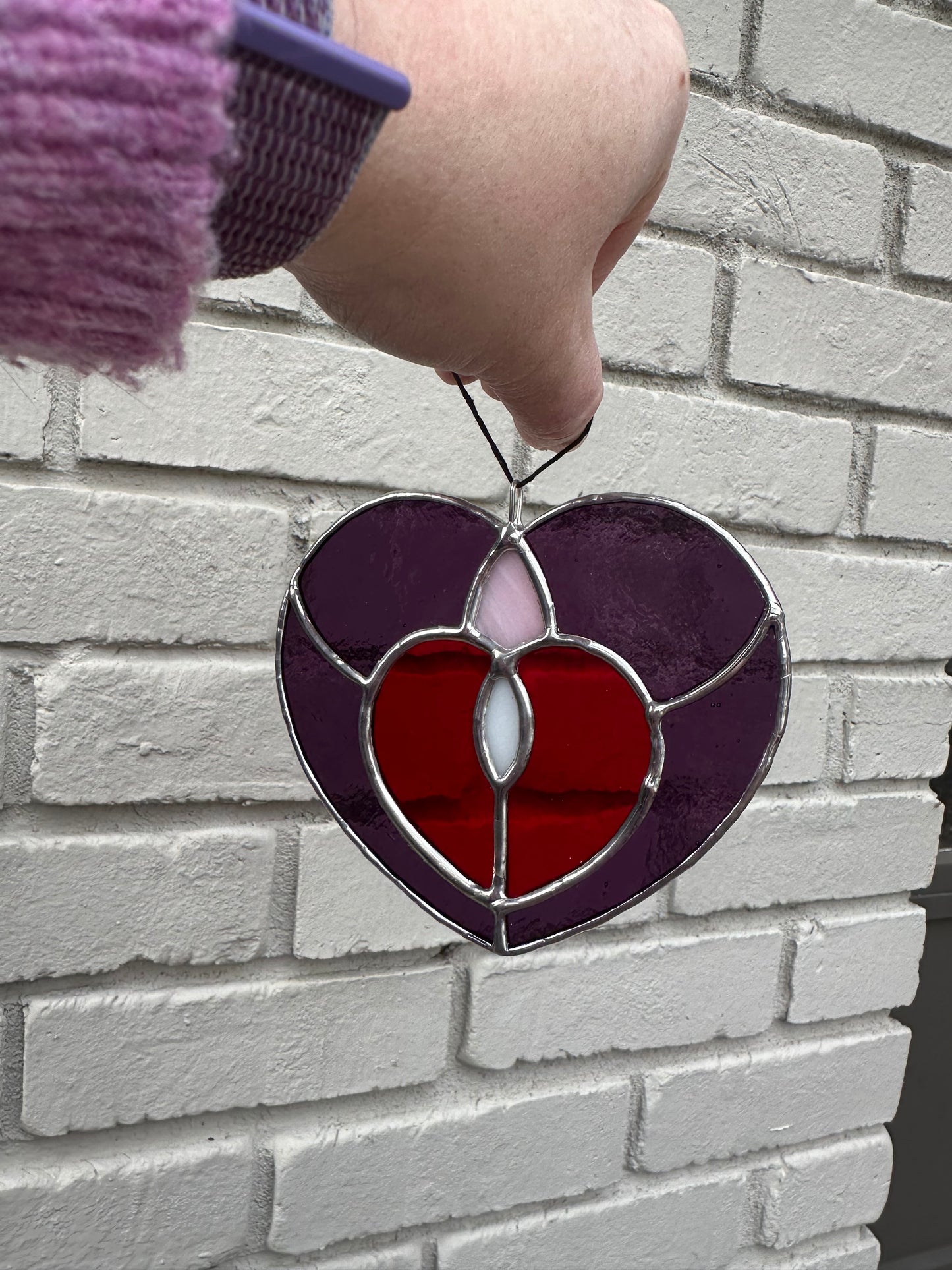 Handmade Stained Glass Valentine’s Day Heart Suncatcher Sun Catcher Window Decoration Glass Art Gift Purple Red Pink White Galentine’s Day Gal Pal
