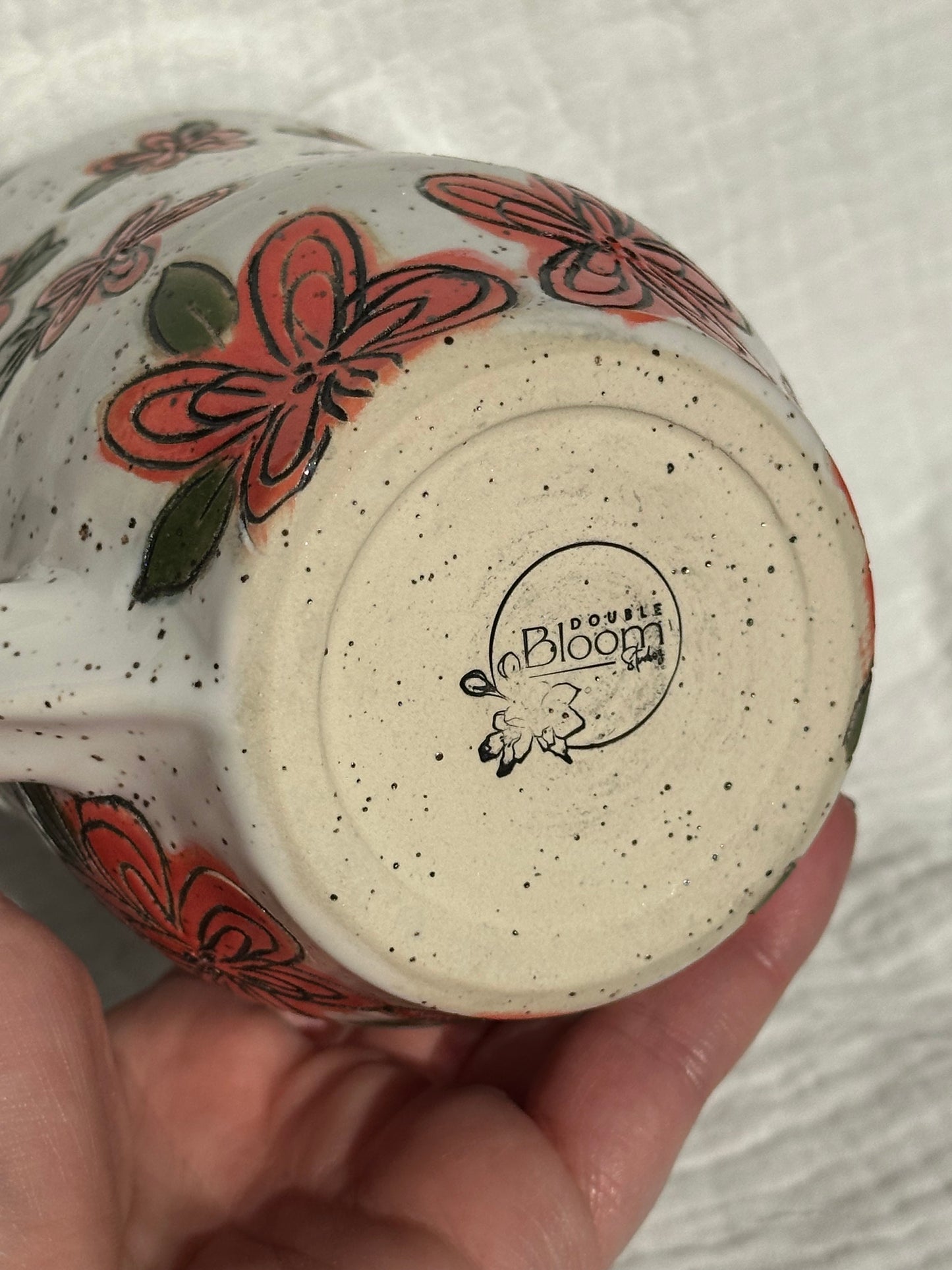 Ceramic Stoneware Carved Red Flowers Coffee Tea Mug Cup Botanical Floral Pottery Floral