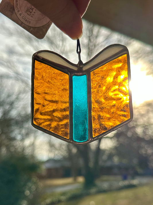 Ready to ship Stained Glass Small Orange and Teal Book Suncatcher Window Decoration Glass Art Gift