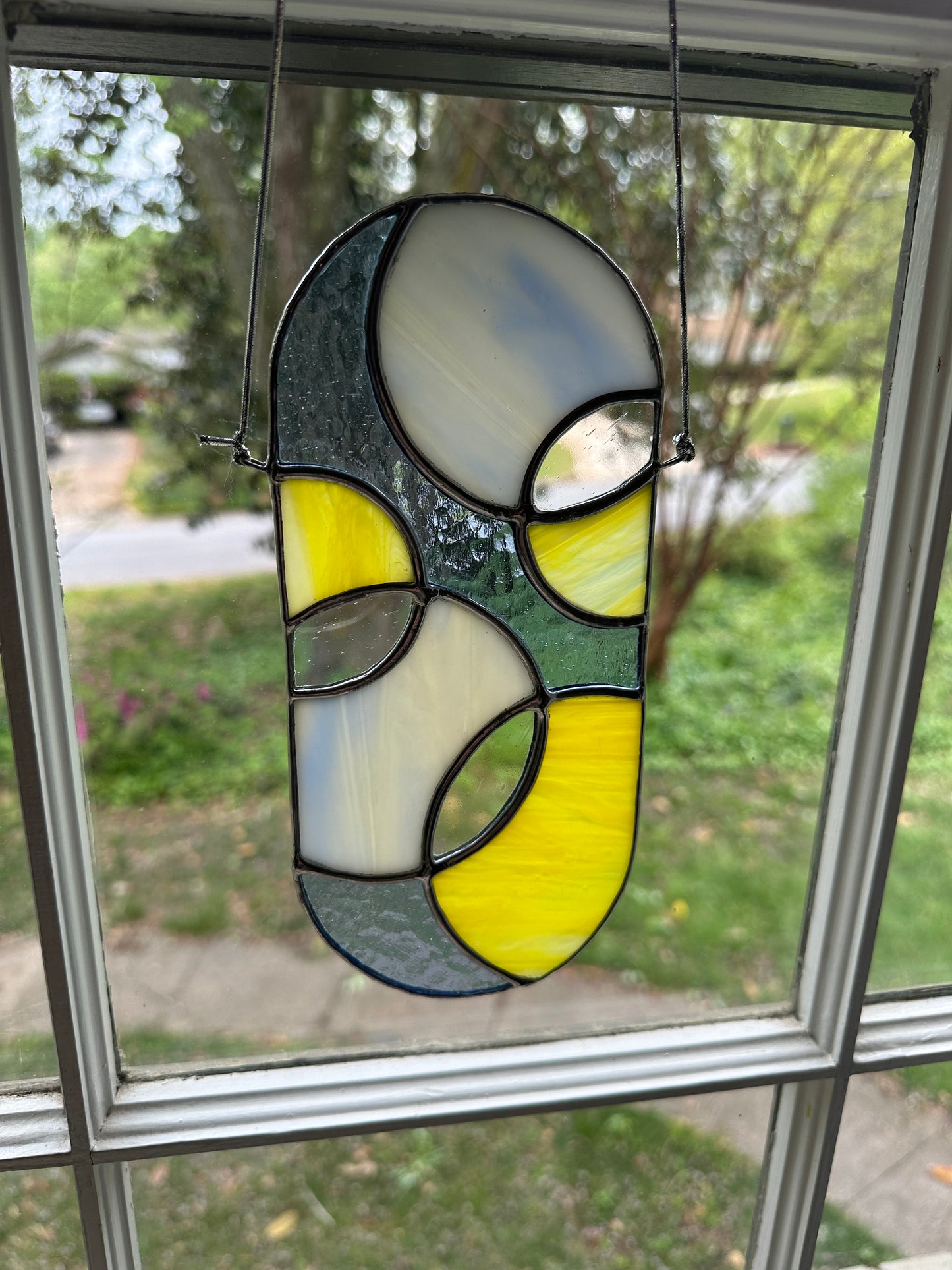 Stained Glasss Blue Yellow White Geometric  Circles Suncatcher Window Decoration Glass Art Gift Sun Catcher