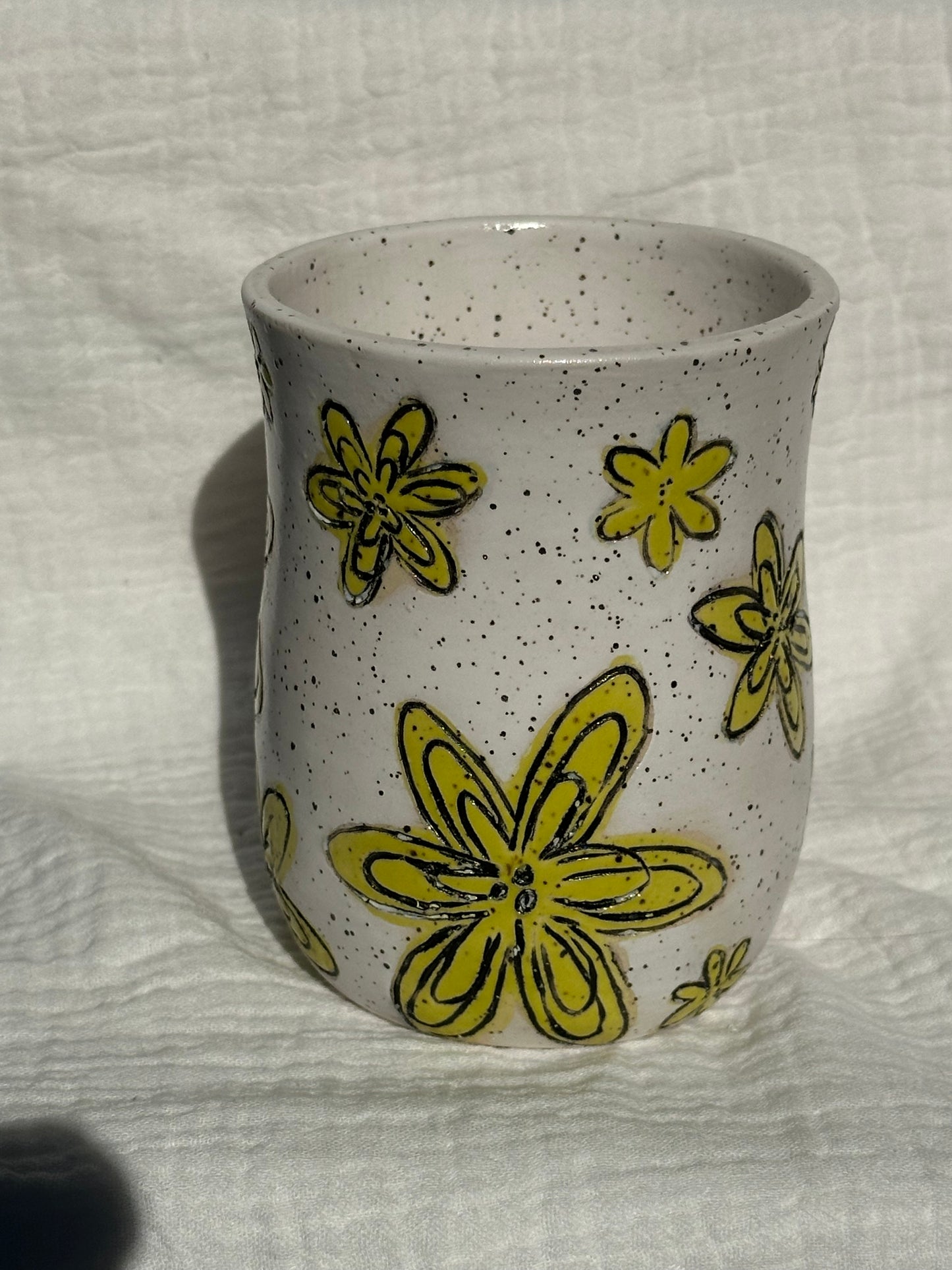 Ceramic Stoneware Carved Yellow Flowers Coffee Tea Mug Cup Botanical Floral Pottery Floral