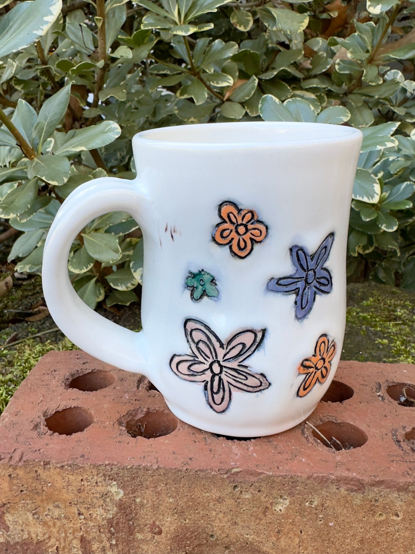 Ceramic Stoneware Carved Orange, Green, Blue and Pink Flowers Coffee Tea Mug Cup Botanical Floral Pottery Floral Pride