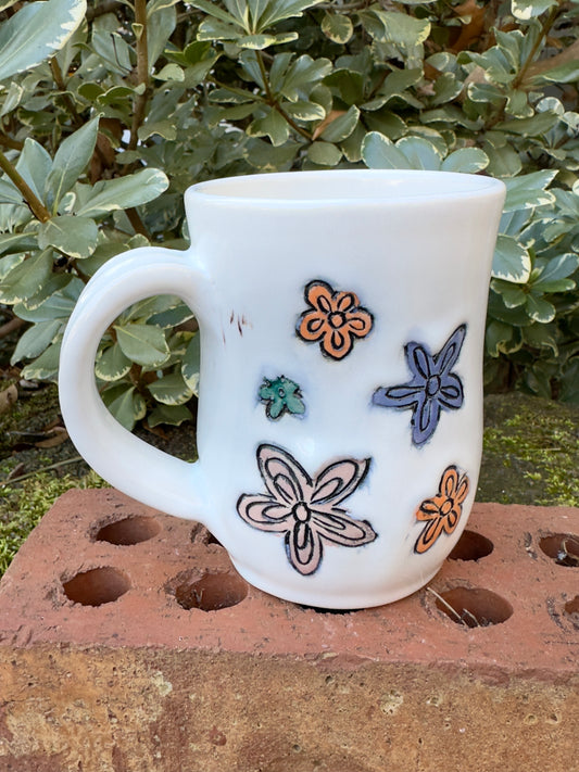 Ceramic Stoneware Carved Orange, Green, Blue and Pink Flowers Coffee Tea Mug Cup Botanical Floral Pottery Floral Pride