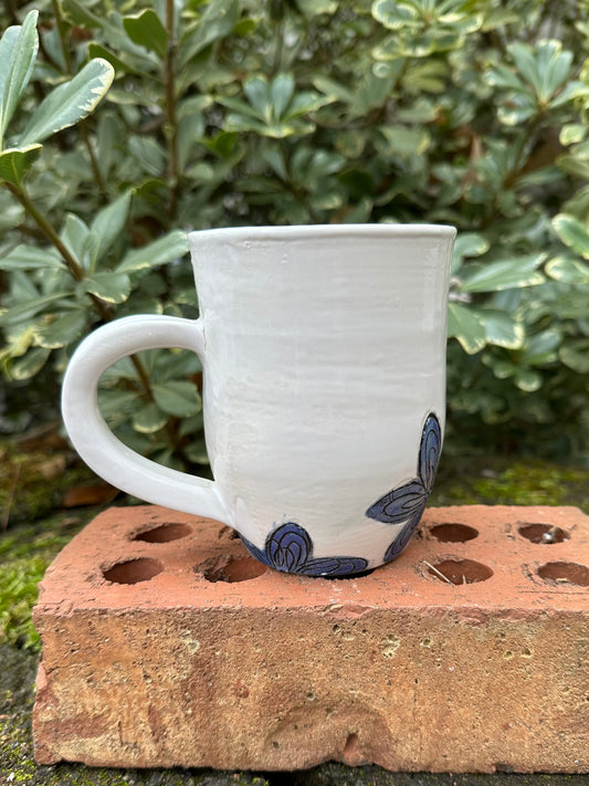 *Second* Ceramic Stoneware Carved Blue Flowers Coffee Tea Mug Cup Botanical Floral Pottery