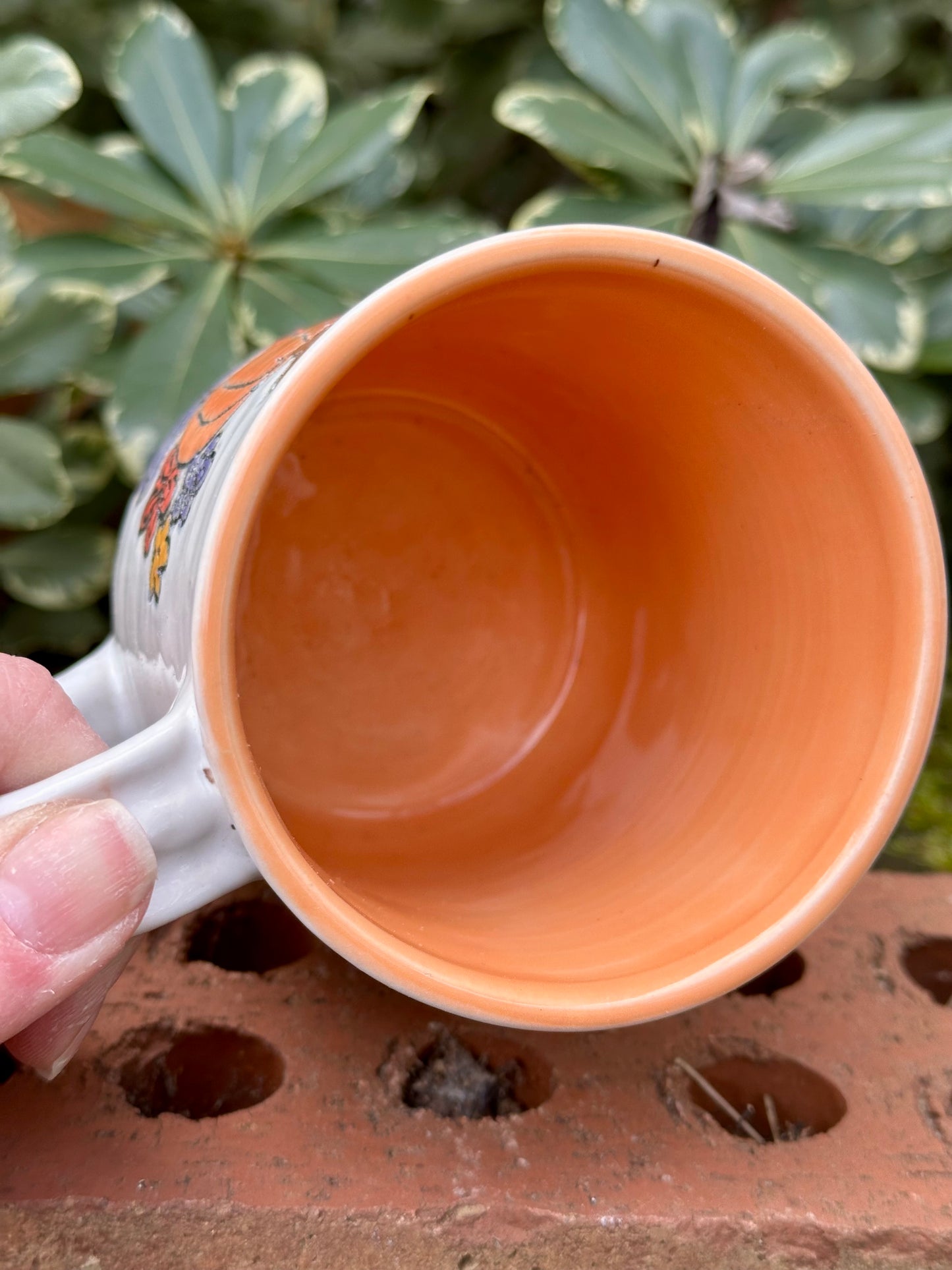 *Second* Ceramic Stoneware Carved Pumpkin with Blue, Orange and Yellow Flowers Coffee Tea Mug Cup Botanical Floral Pottery