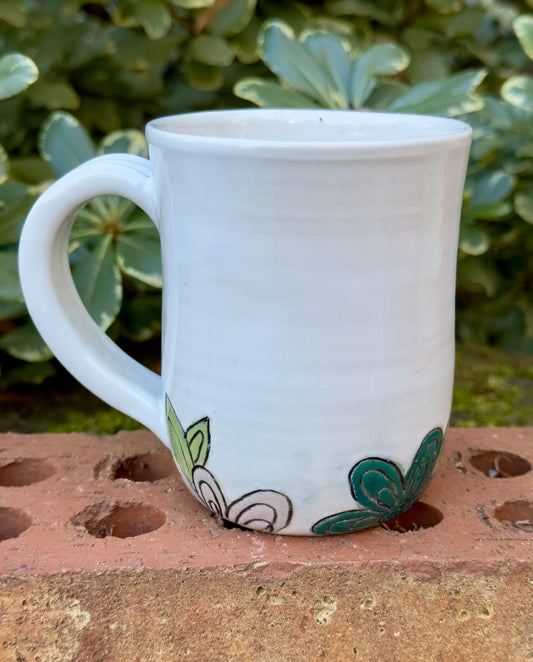 Ceramic Stoneware Carved Orange Green and Blue Multi Colored Flowers Coffee Tea Mug Cup Botanical Floral Pottery Floral Pride