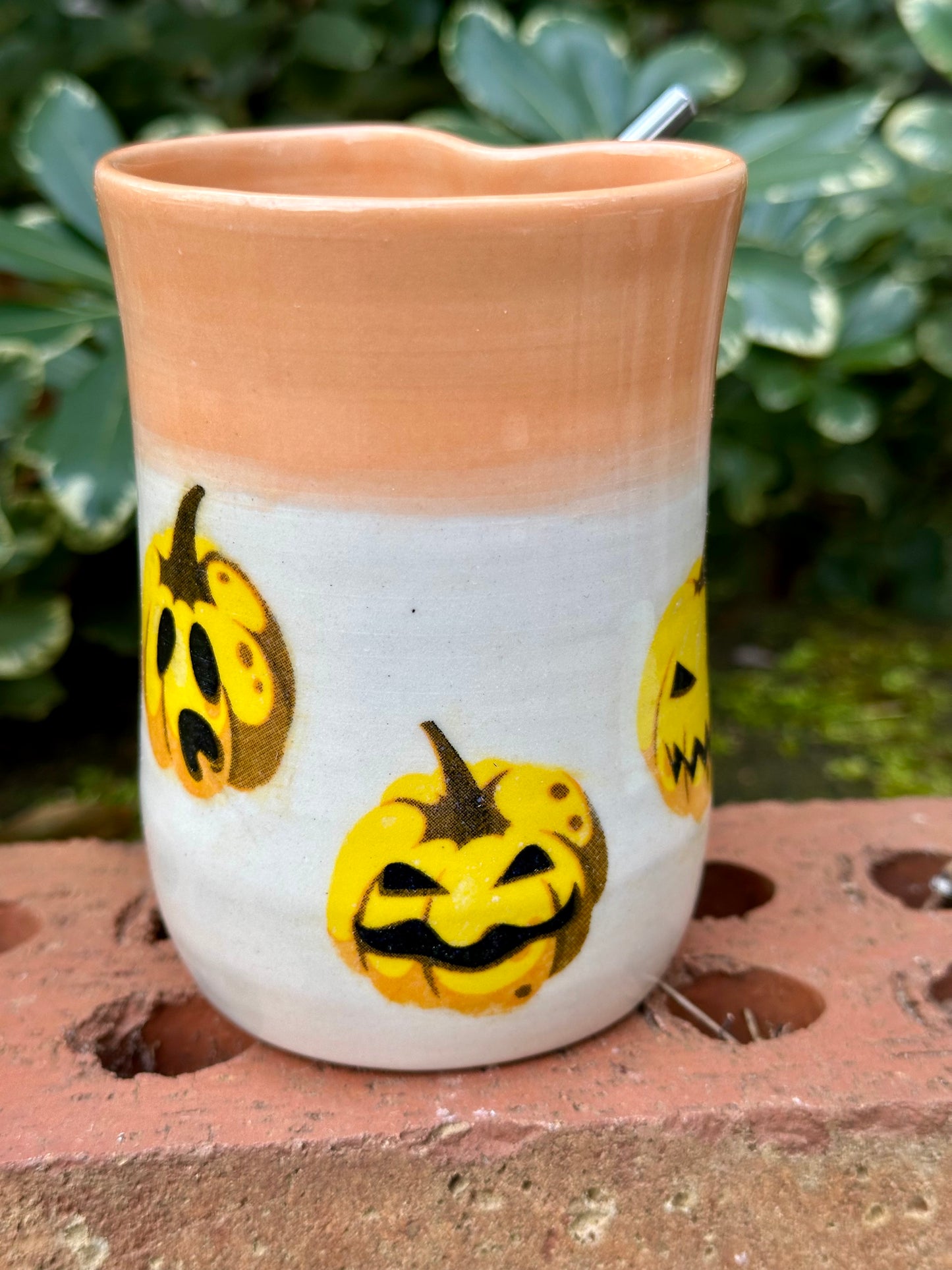 Ceramic Stoneware Halloween Sipper Cup with Straw Coffee Tea Mug Cup Pottery