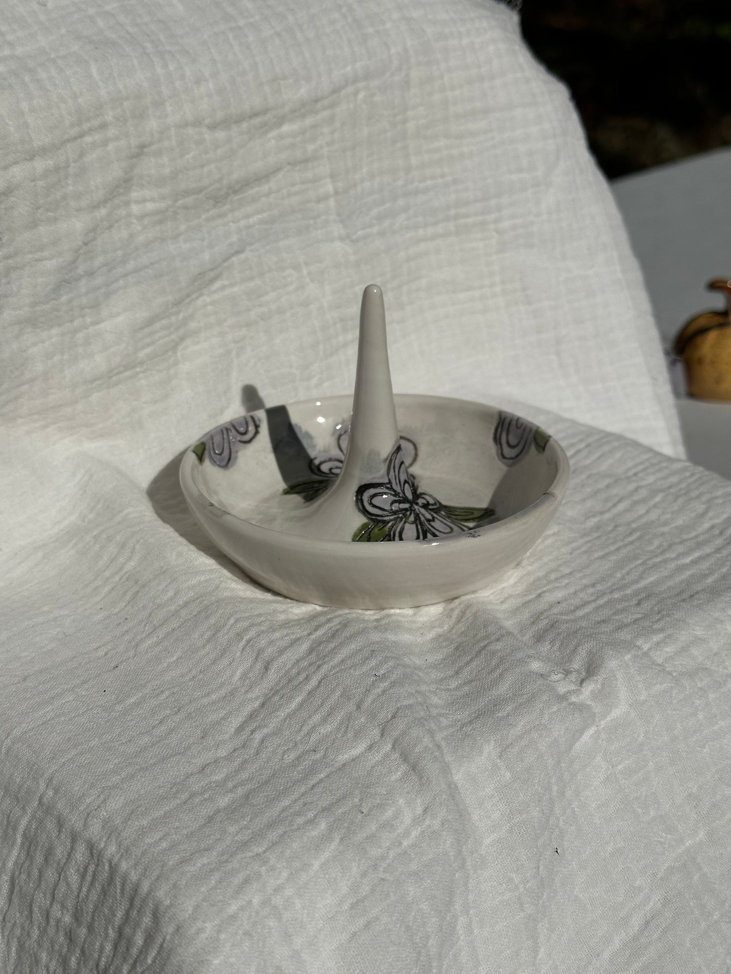 Ceramic Stoneware Carved Ring Dish Botanical Floral Pottery Floral