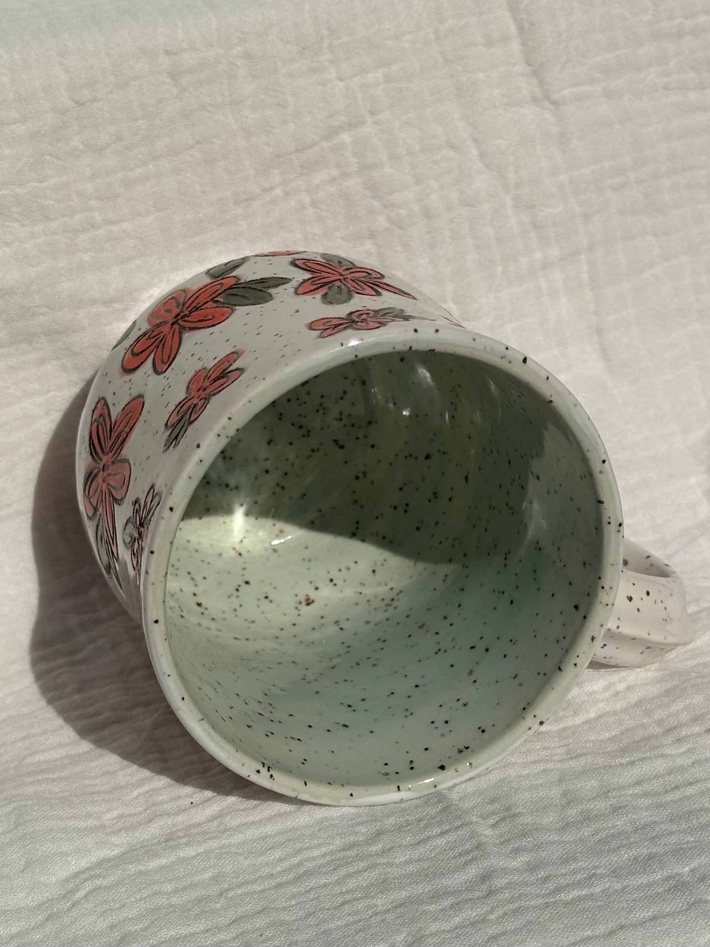 Ceramic Stoneware Carved Red Flowers Coffee Tea Mug Cup Botanical Floral Pottery Floral
