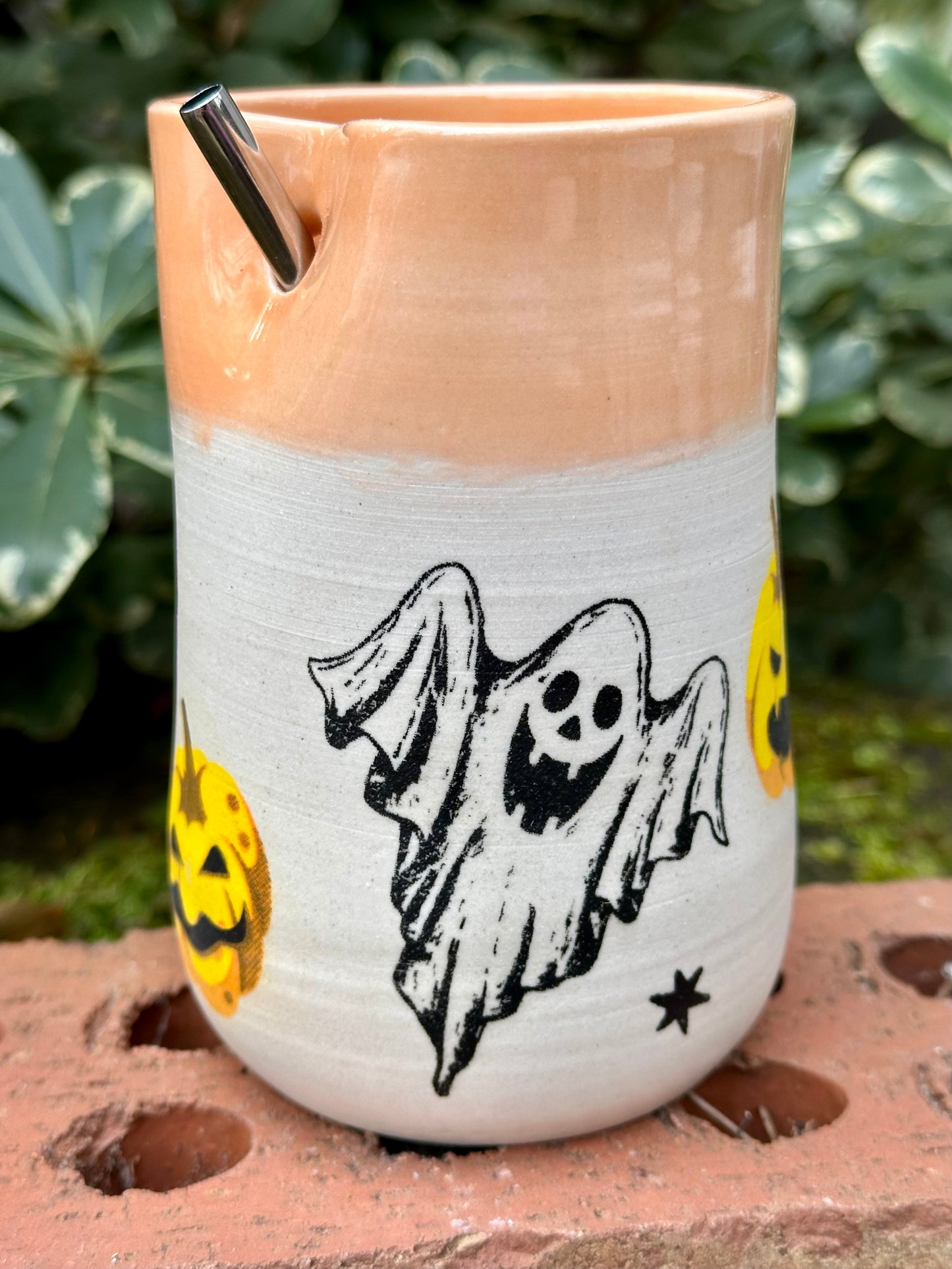 Ceramic Stoneware Halloween Sipper Cup #2 with Straw Coffee Tea Mug Cup Pottery