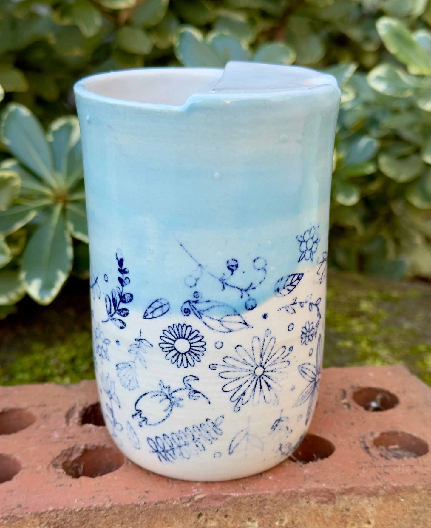 Ceramic Stoneware Blue Flowered Floral To-Go Cup Tumbler Pottery