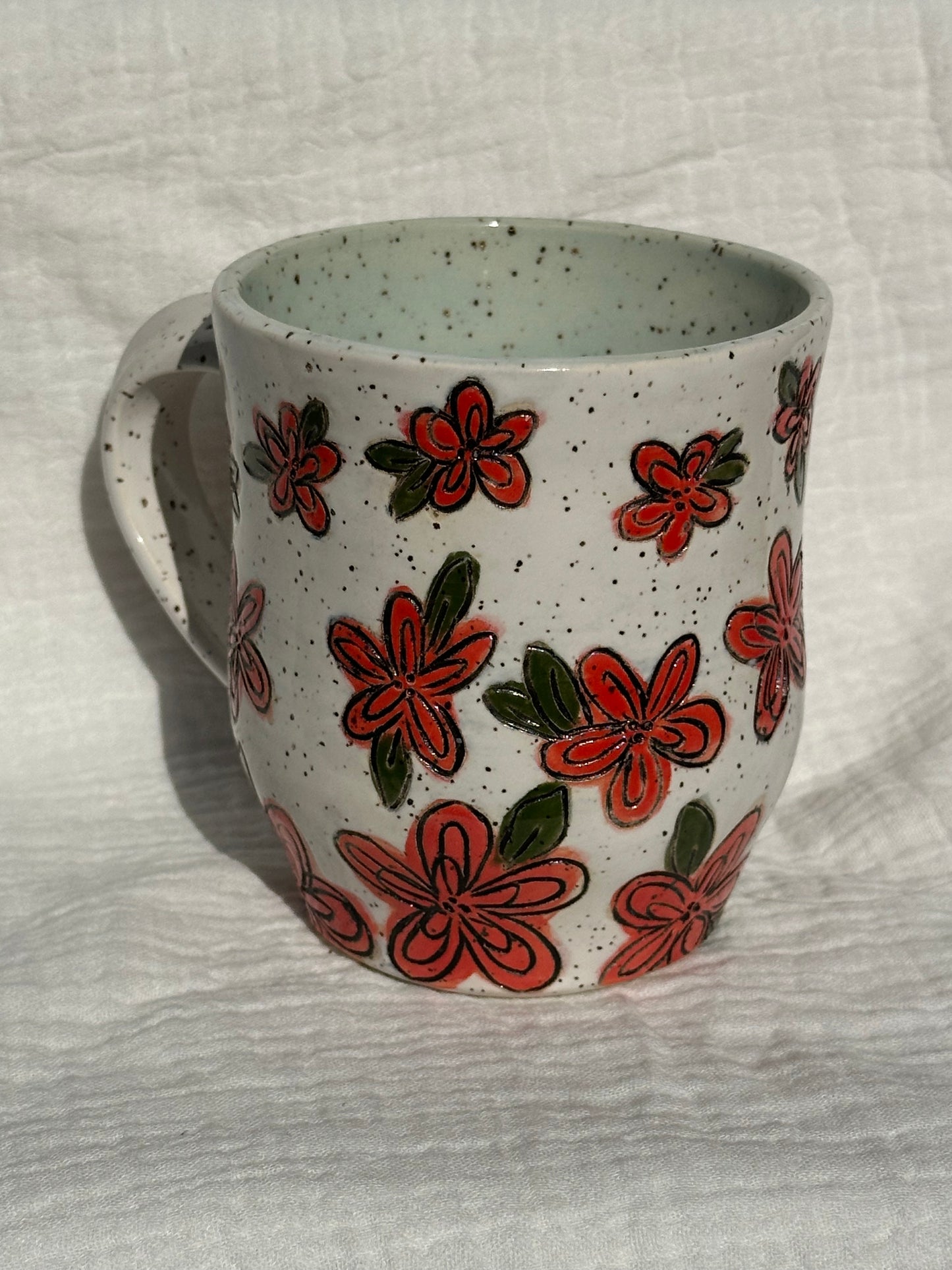 Ceramic Stoneware Carved Red Flowers Coffee Tea Mug Cup Botanical Floral Pottery Floral