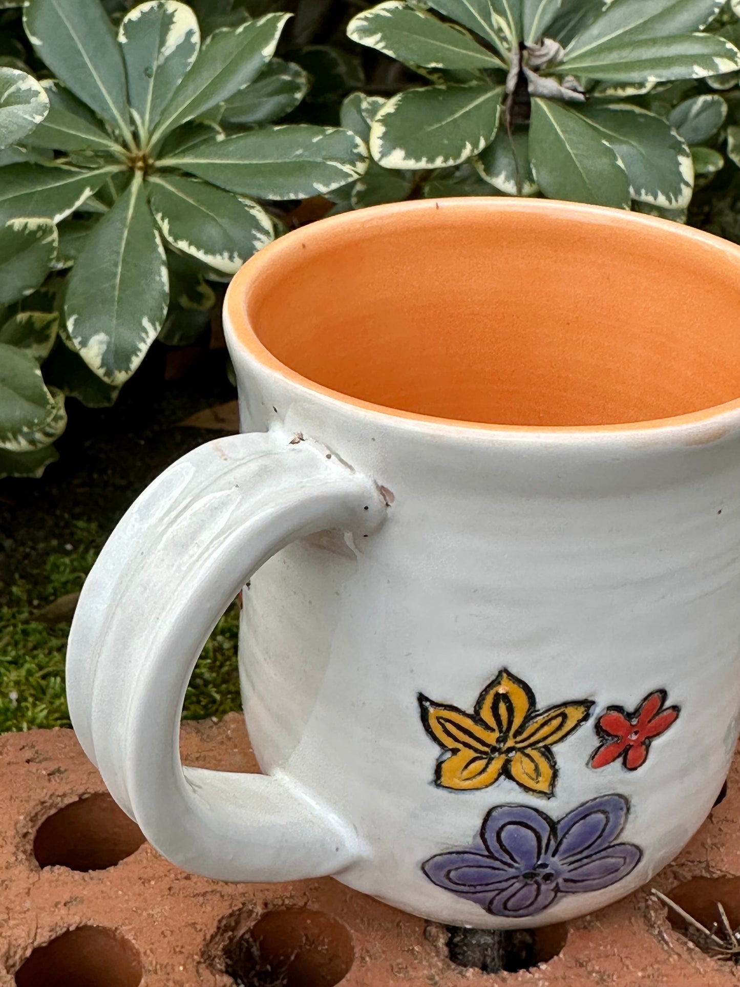 *Second* Ceramic Stoneware Carved Pumpkin with Blue, Orange and Yellow Flowers Coffee Tea Mug Cup Botanical Floral Pottery