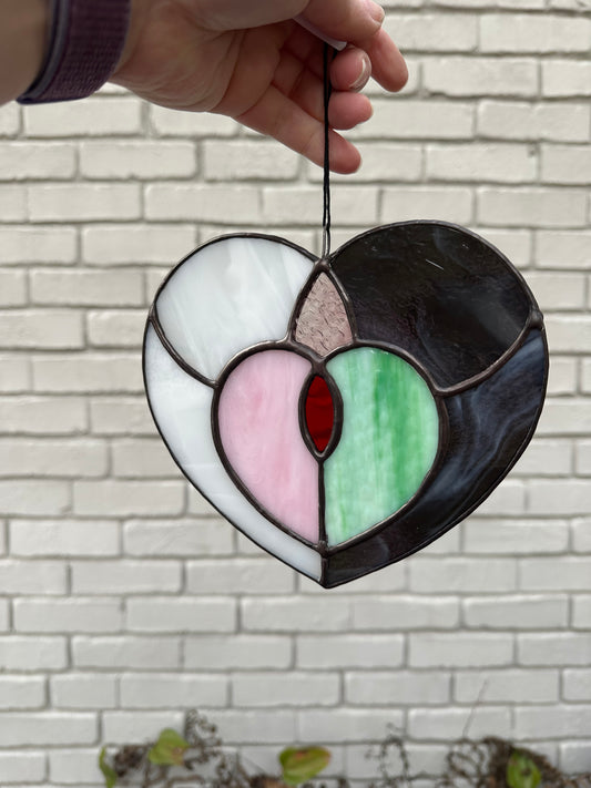 Large Handmade Stained Glass Valentine’s Day Heart Suncatcher Sun Catcher Window Decoration Glass Art Gift Black Green Red Pink White Galentine’s Day Gal Pal Wicked