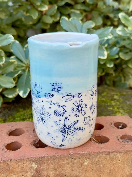Ceramic Stoneware Blue Flowered Floral To-Go Cup Tumbler Pottery