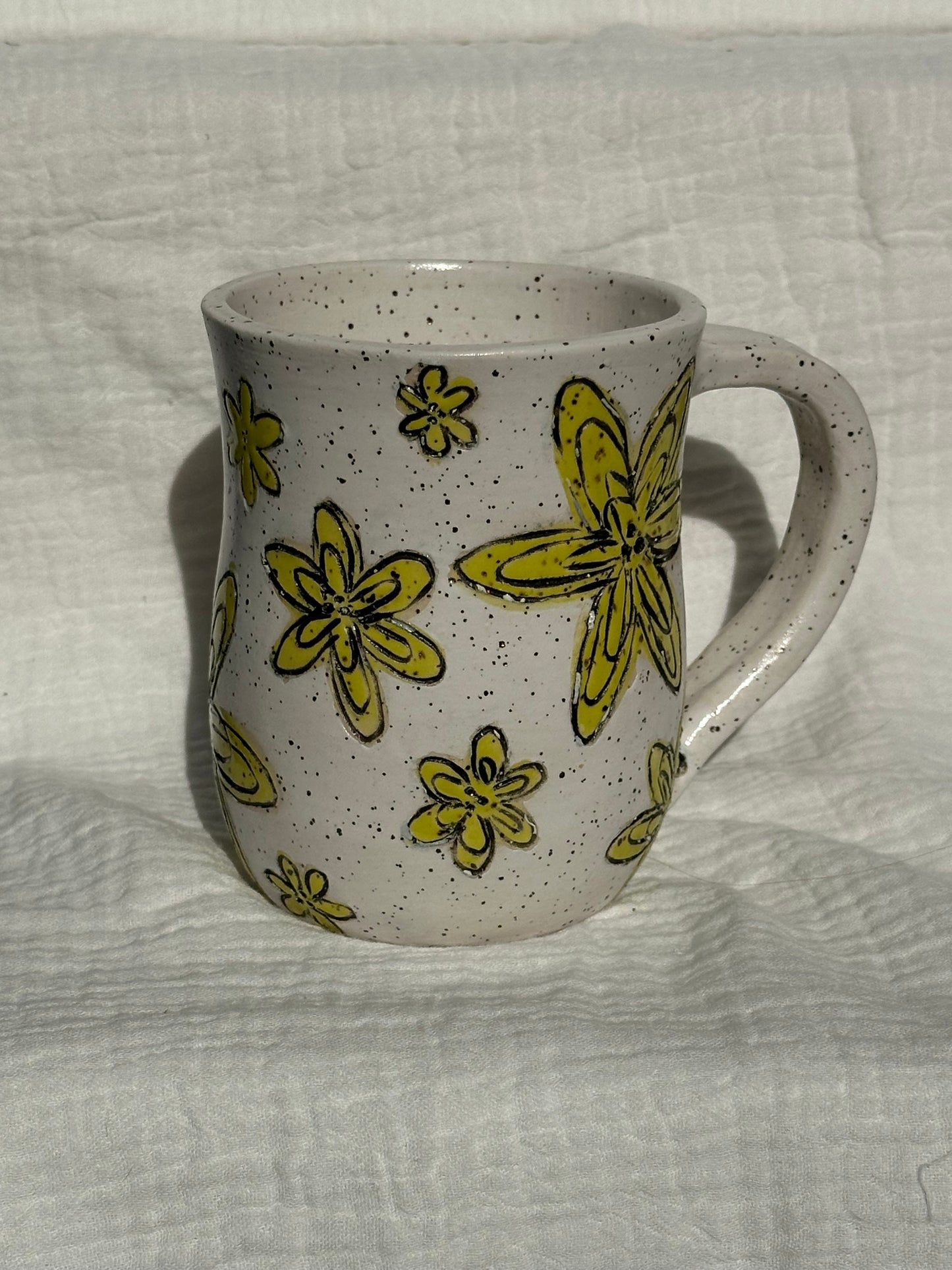 Ceramic Stoneware Carved Yellow Flowers Coffee Tea Mug Cup Botanical Floral Pottery Floral