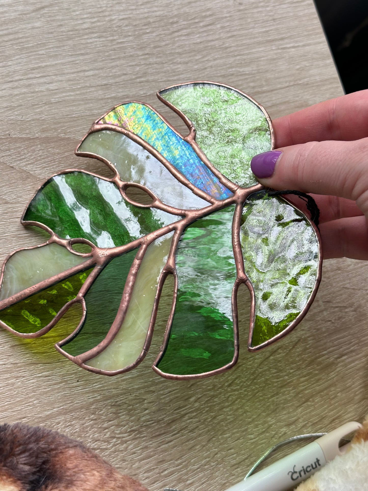 Stained Glass Monstera Leaf Copper Patina Suncatcher Window Decoration Glass Art Plant Lover Gift