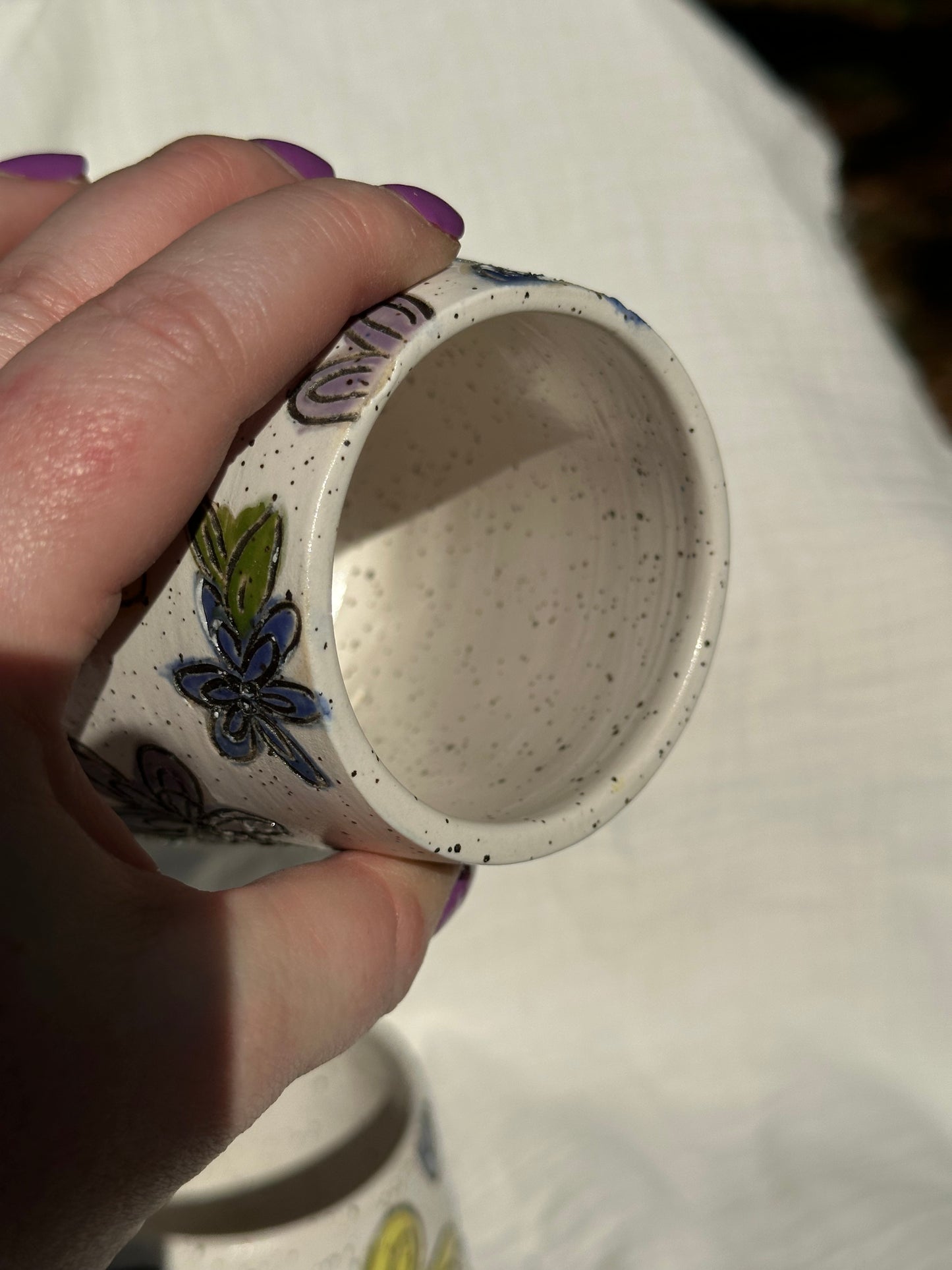 Set of 2 Ceramic Stoneware Carved Flowers Wine Whiskey Cup Botanical Floral Pottery Floral Tumbler