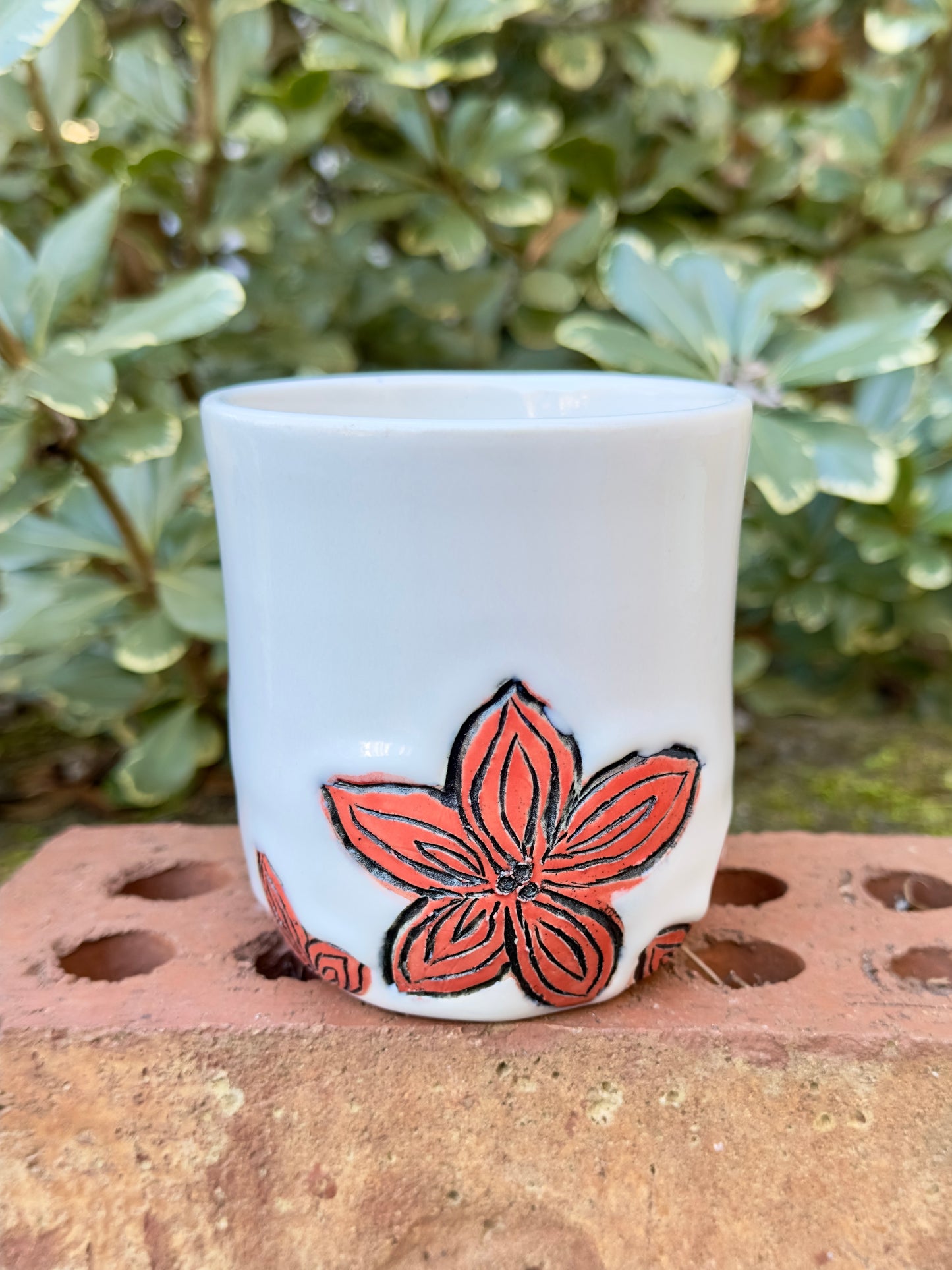 Ceramic Stoneware Carved Orange Flowers Coffee Tea Mug Cup Botanical Floral Pottery Floral Pride