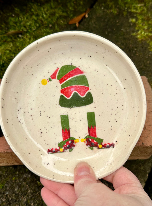 Ceramic Stoneware Elf Christmas Theme On Speckled Clay Spoon Rest Serving Pottery