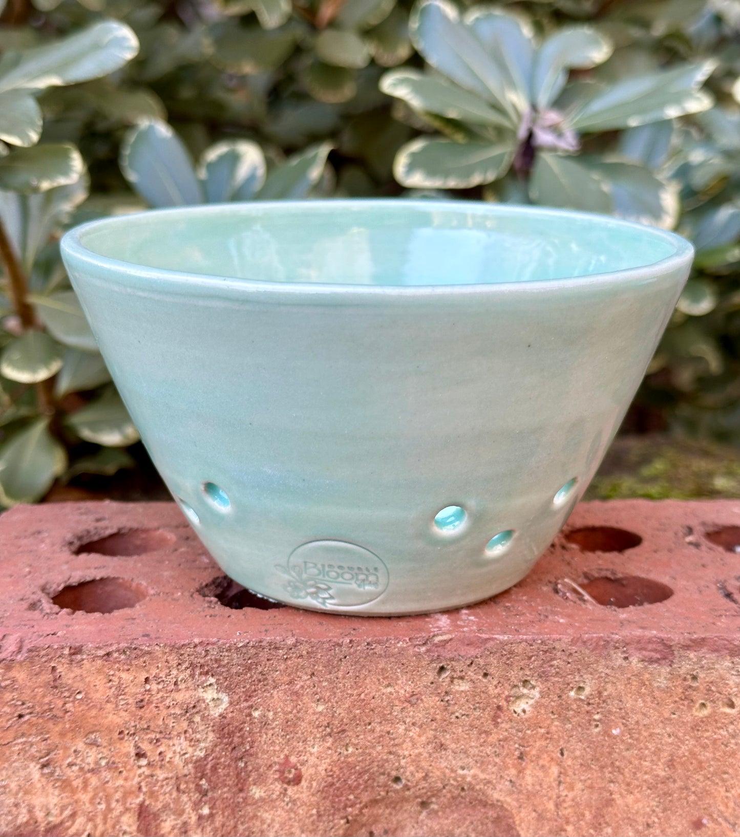 Ceramic Stoneware Robins Egg Green Berry Bowl Colander Pottery