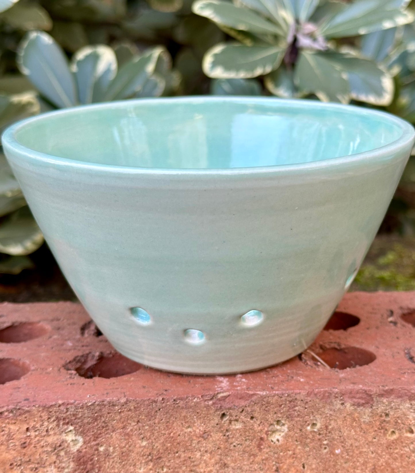 Ceramic Stoneware Robins Egg Green Berry Bowl Colander Pottery