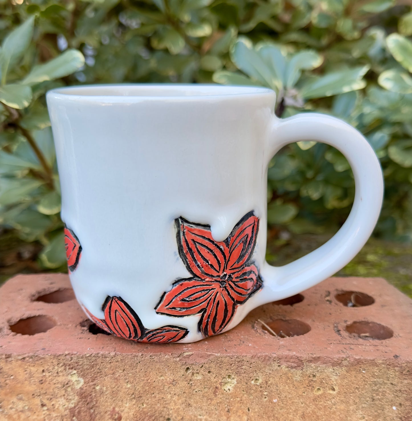 Ceramic Stoneware Carved Orange Flowers Coffee Tea Mug Cup Botanical Floral Pottery Floral Pride