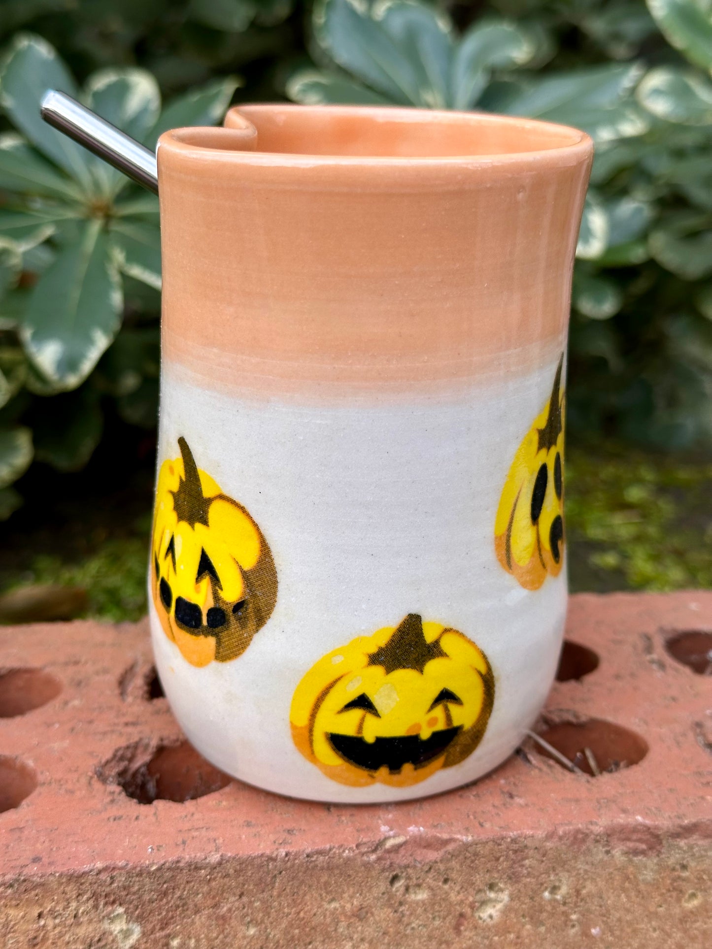 Ceramic Stoneware Halloween Sipper Cup with Straw Coffee Tea Mug Cup Pottery
