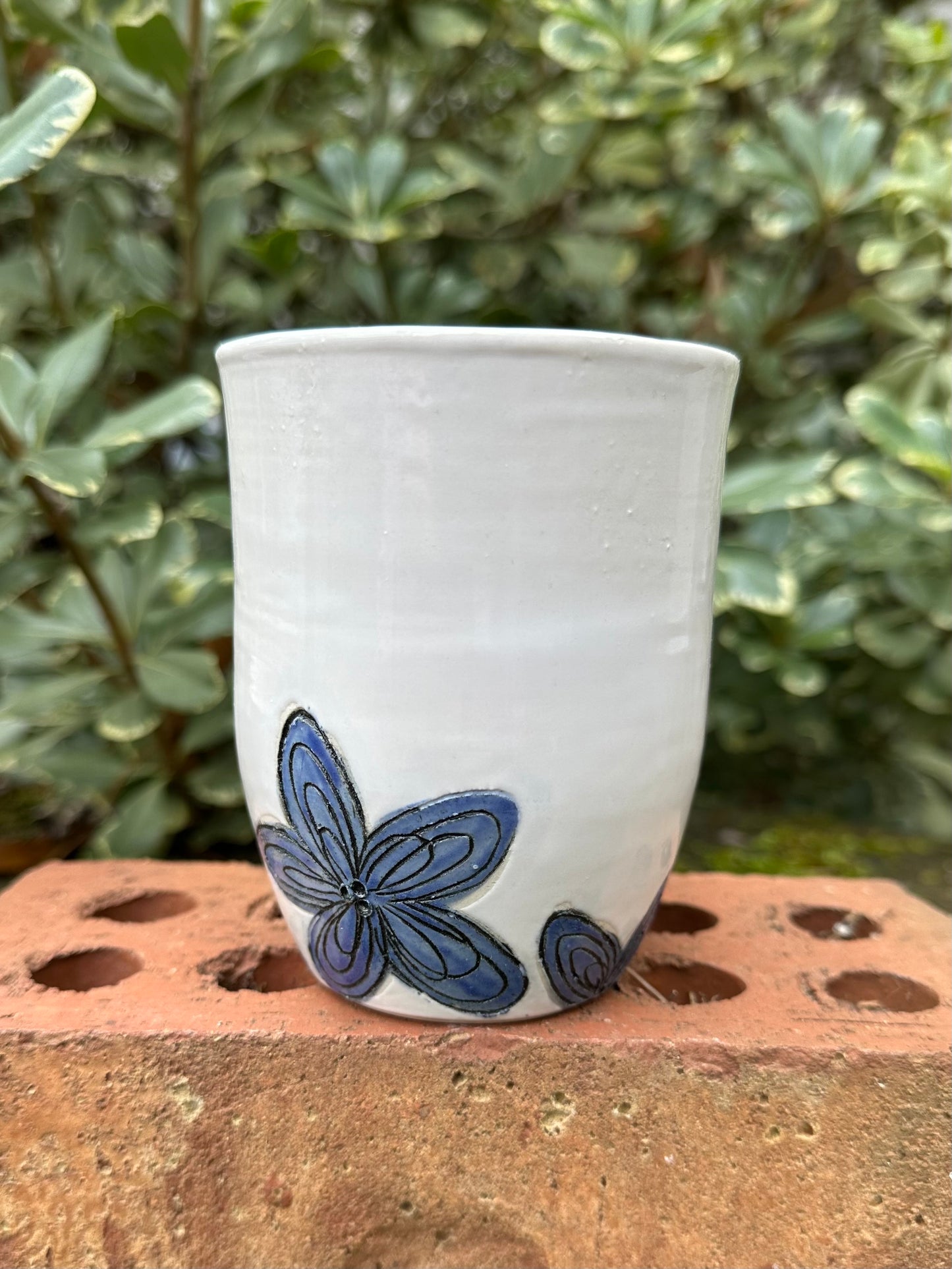 *Second* Ceramic Stoneware Carved Blue Flowers Coffee Tea Mug Cup Botanical Floral Pottery