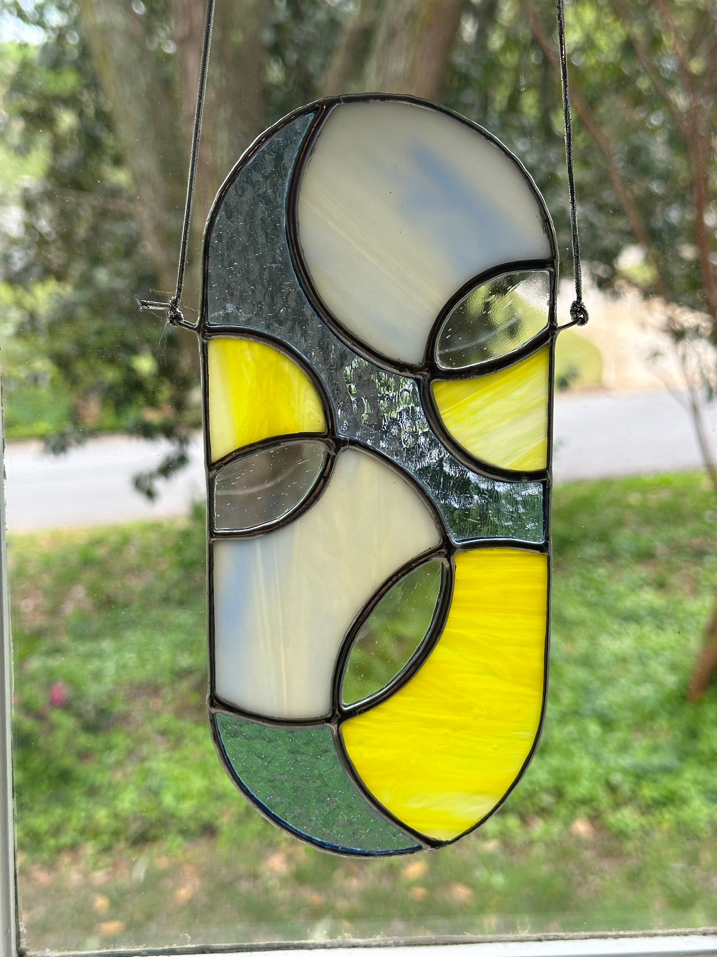 Stained Glasss Blue Yellow White Geometric  Circles Suncatcher Window Decoration Glass Art Gift Sun Catcher