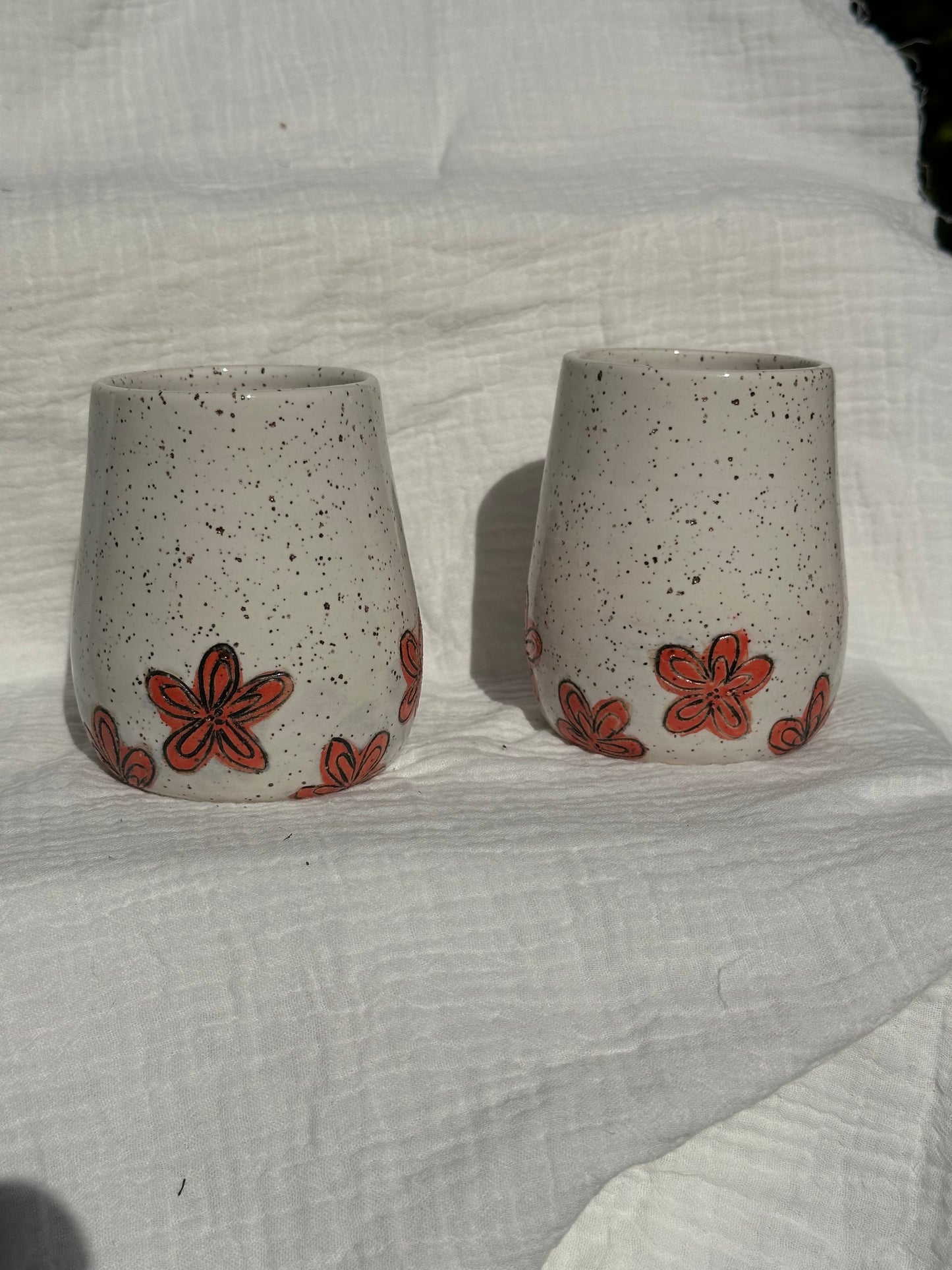 Set of 2 Ceramic Stoneware Red Oeange Carved Flowers Wine Whiskey Cup Botanical Floral Pottery Floral Tumbler