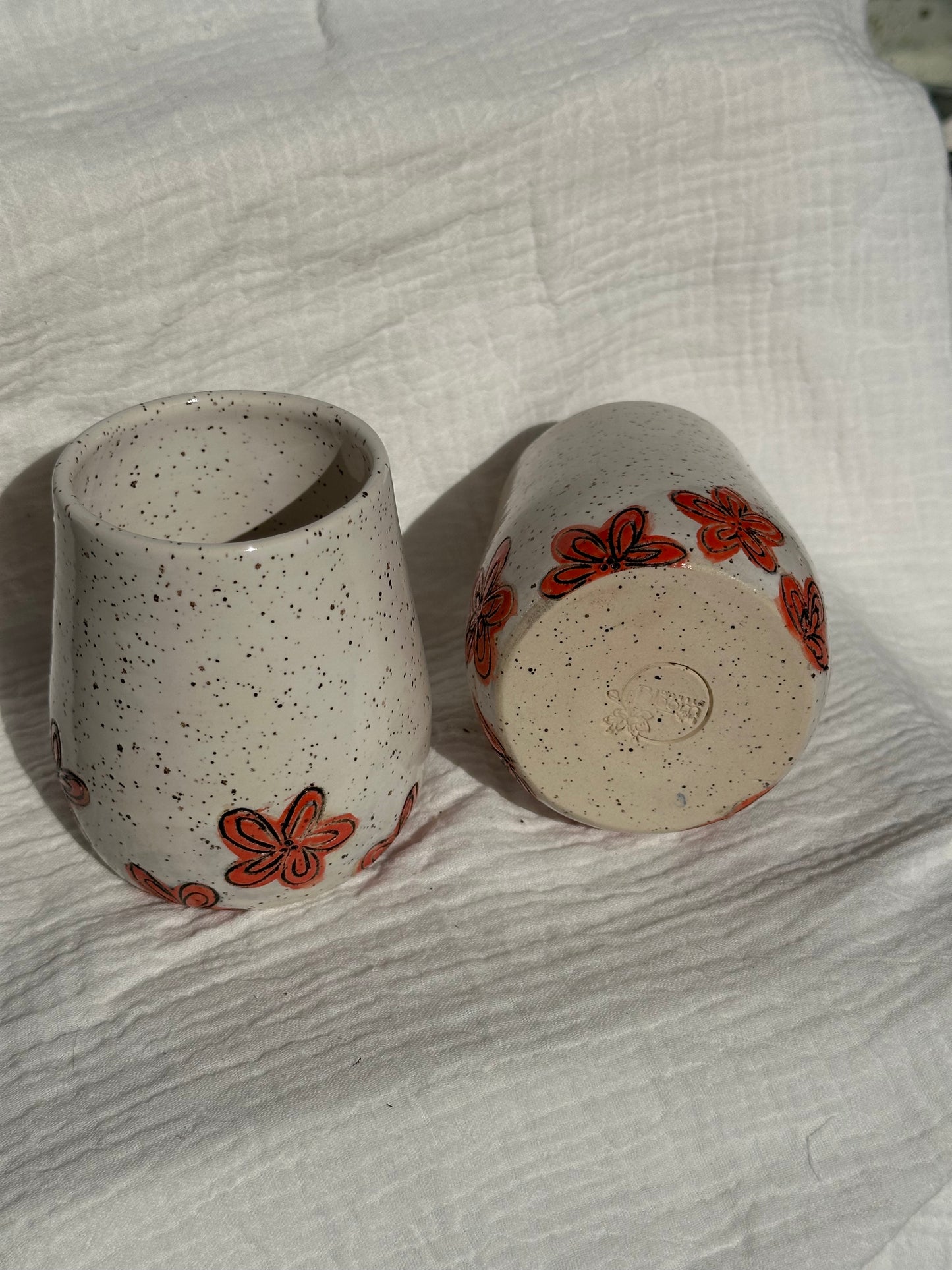 Set of 2 Ceramic Stoneware Red Oeange Carved Flowers Wine Whiskey Cup Botanical Floral Pottery Floral Tumbler