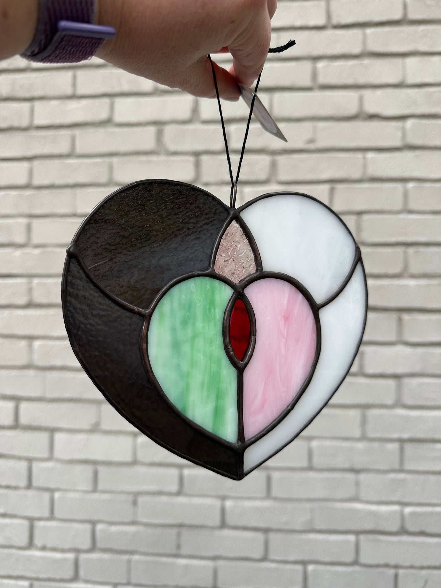 Large Handmade Stained Glass Valentine’s Day Heart Suncatcher Sun Catcher Window Decoration Glass Art Gift Black Green Red Pink White Galentine’s Day Gal Pal Wicked