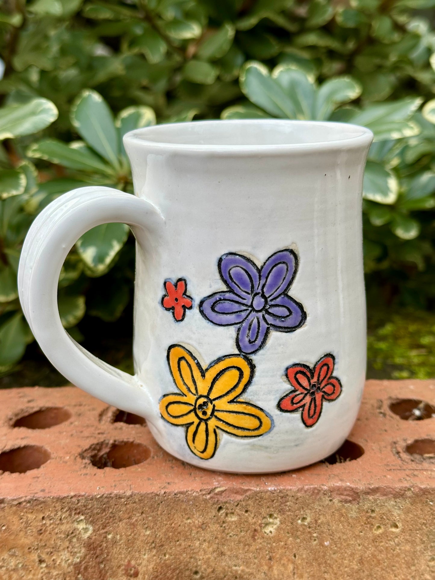 *Second* Ceramic Stoneware Carved Pumpkin with Blue, Orange and Yellow Flowers Coffee Tea Mug Cup Botanical Floral Pottery