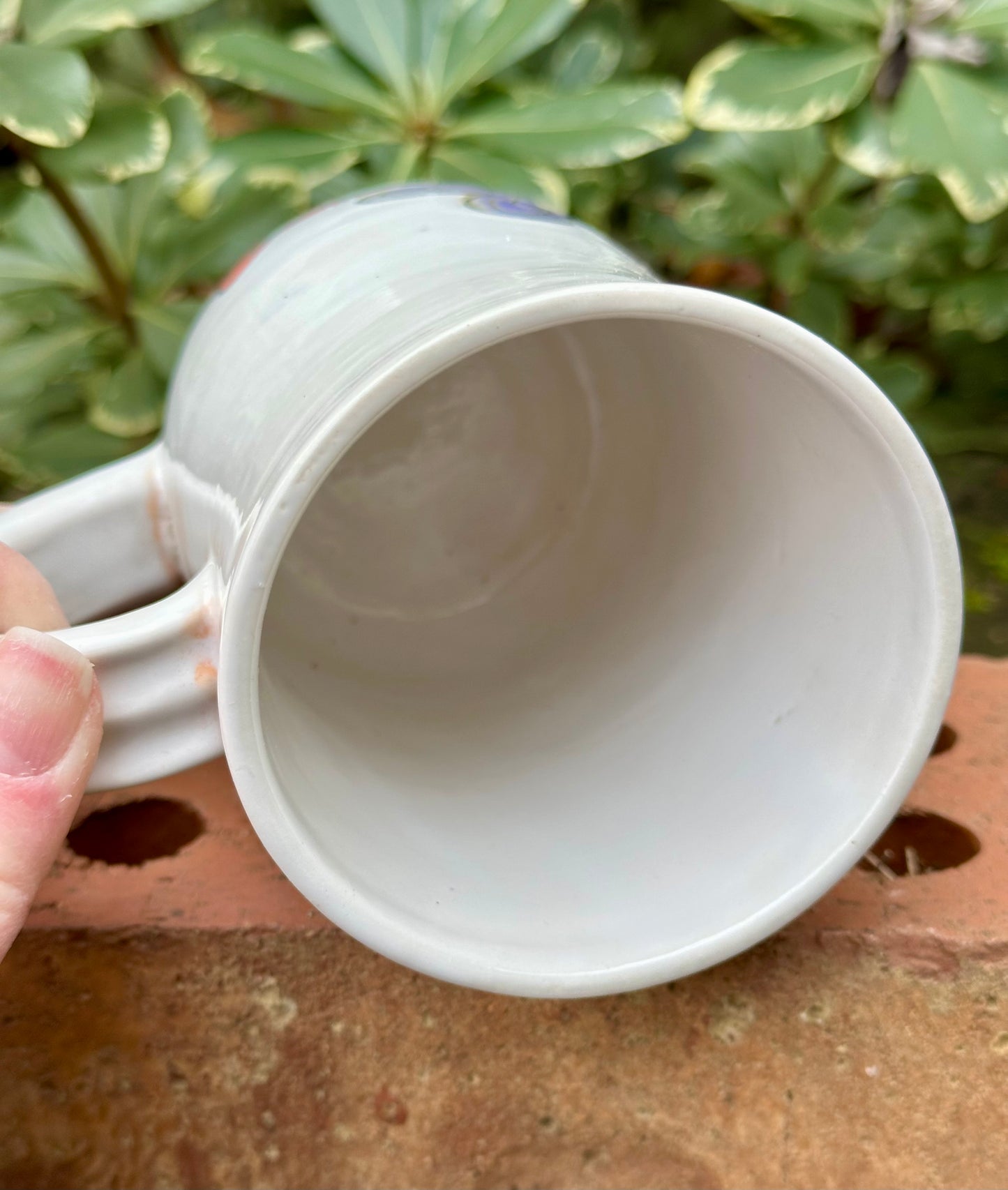 *Second* Ceramic Stoneware Carved Blue, Orange and Yellow Flowers Coffee Tea Mug Cup Botanical Floral Pottery