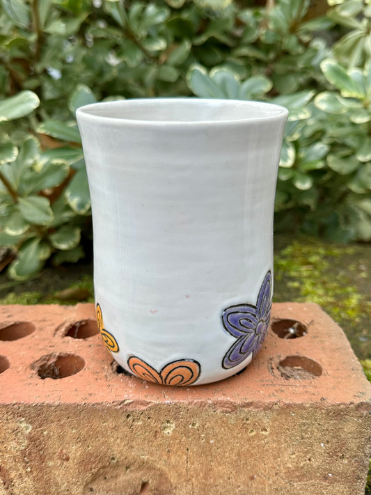 *Second* Ceramic Stoneware Carved Blue, Orange and Yellow Flowers Coffee Tea Mug Cup Botanical Floral Pottery