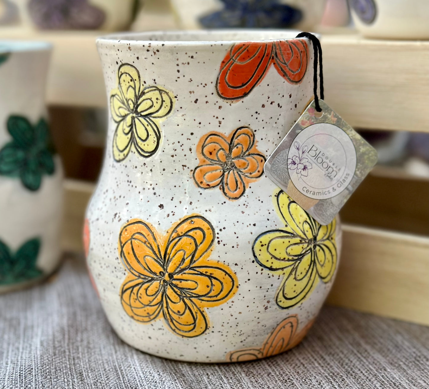 Handmade Ceramic Stoneware Carved Rainbow Scribble Colorful Flowers Vase Untensil Holder Kitchen Botanical Floral Pottery Floral