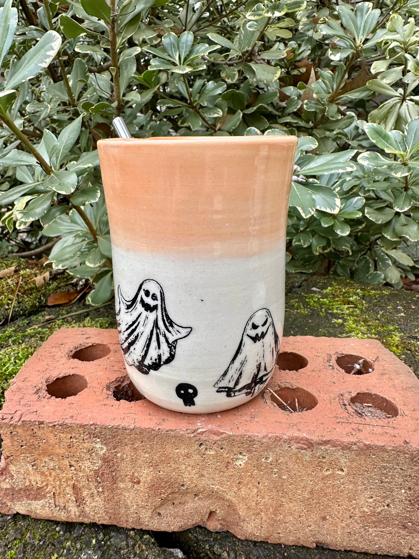 Ceramic Stoneware Halloween Sipper Cup #3 with Straw Coffee Tea Mug Cup Pottery