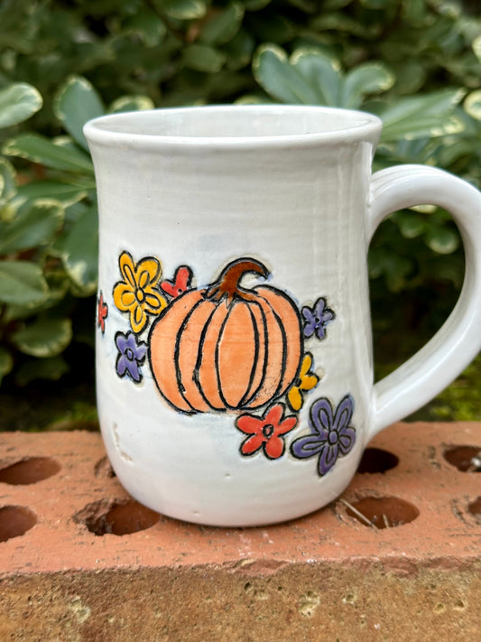 *Second* Ceramic Stoneware Carved Pumpkin with Blue, Orange and Yellow Flowers Coffee Tea Mug Cup Botanical Floral Pottery