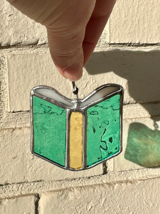 Ready to ship Stained Glass Small Yellow and Teal Book Suncatcher Window Decoration Glass Art Gift