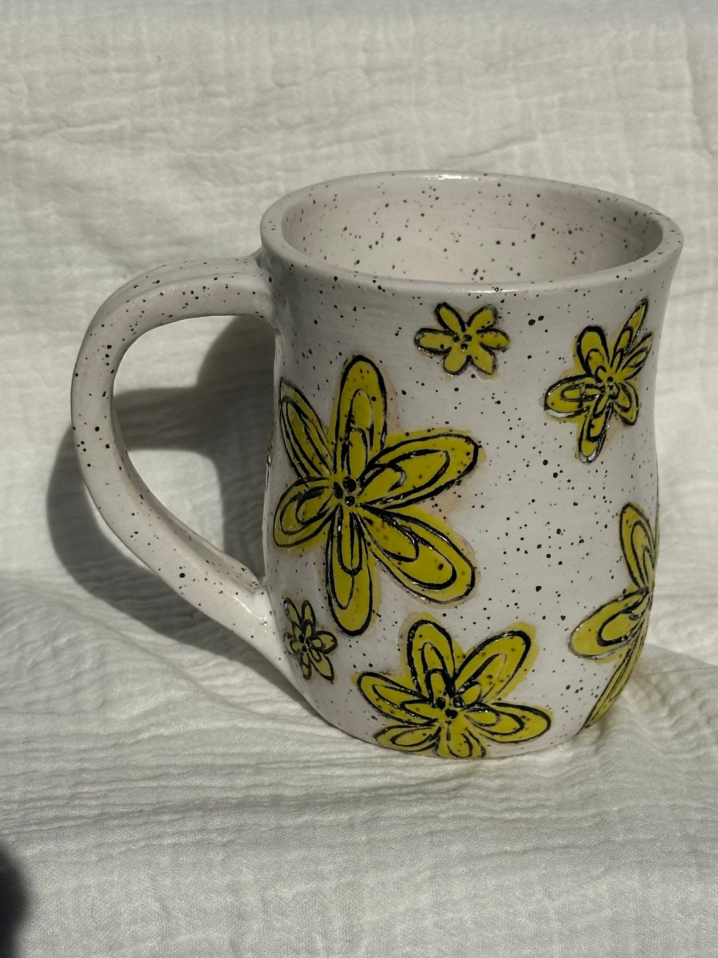 Ceramic Stoneware Carved Yellow Flowers Coffee Tea Mug Cup Botanical Floral Pottery Floral