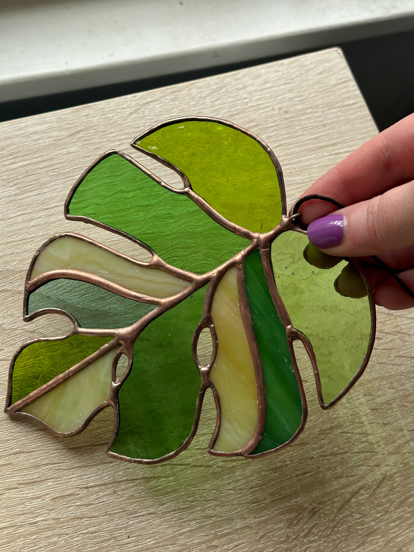 Stained Glass Monstera Leaf Copper Patina Suncatcher Window Decoration Glass Art Plant Lover Gift