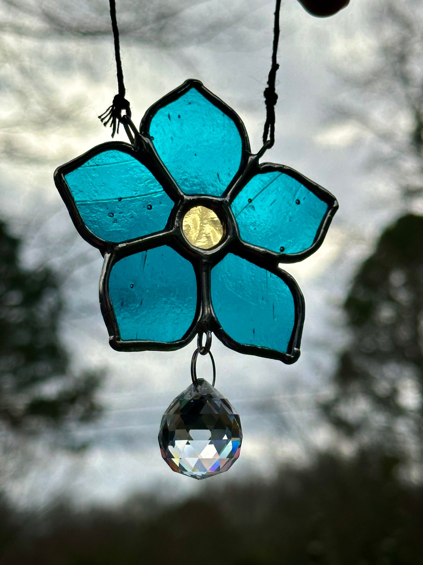 Ready to Ship Stained Glass Blue Floral Rainbow Maker Suncatcher Window Decoration Glass Art Gift