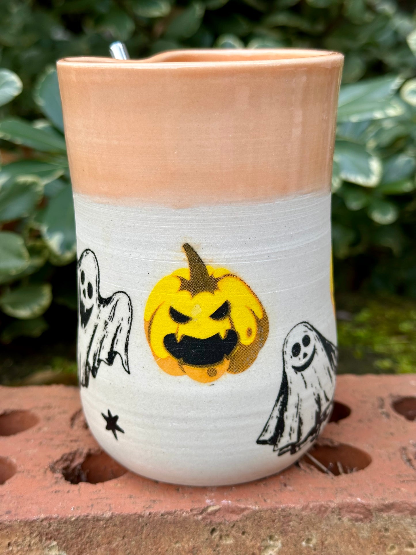Ceramic Stoneware Halloween Sipper Cup #2 with Straw Coffee Tea Mug Cup Pottery