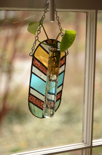 Stained Glass Plant Propagation Station Suncatcher Sun Catcher Chevron Vintage Modern Style Window Hanging Amber Green Purple Blue Handmade Active