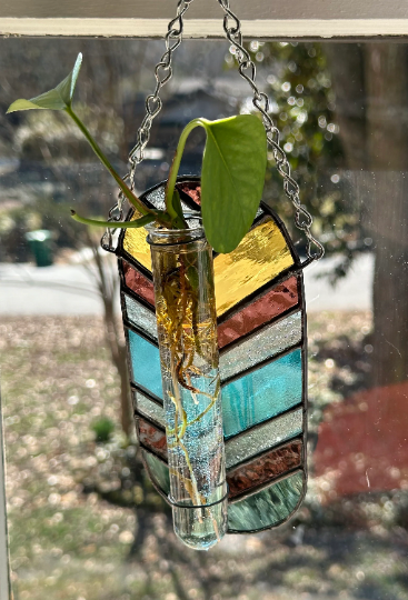 Stained Glass Plant Propagation Station Suncatcher Sun Catcher Chevron Vintage Modern Style Window Hanging Amber Green Purple Blue Handmade Active