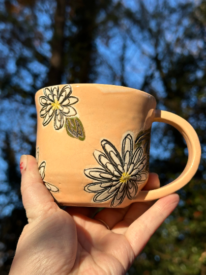 Handmade Ceramic Stoneware Carved White Daisy Flowers Peach Coffee Tea Mug Cup Botanical Floral Pottery Floral