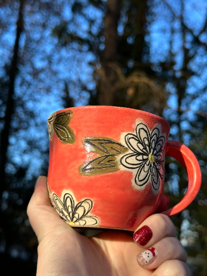 Handmade Ceramic Stoneware Carved White Daisy Flowers Coral Coffee Tea Mug Cup Botanical Floral Pottery Floral
