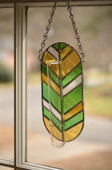 Stained Glass Plant Propagation Station Suncatcher Sun Catcher Chevron Vintage Modern Style Window Hanging Yellow Green Clear Handmade